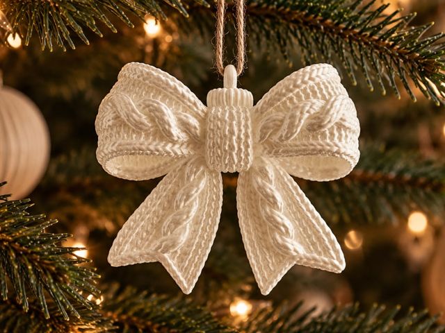 Knitted christmas bow ornament – cozy yarn texture